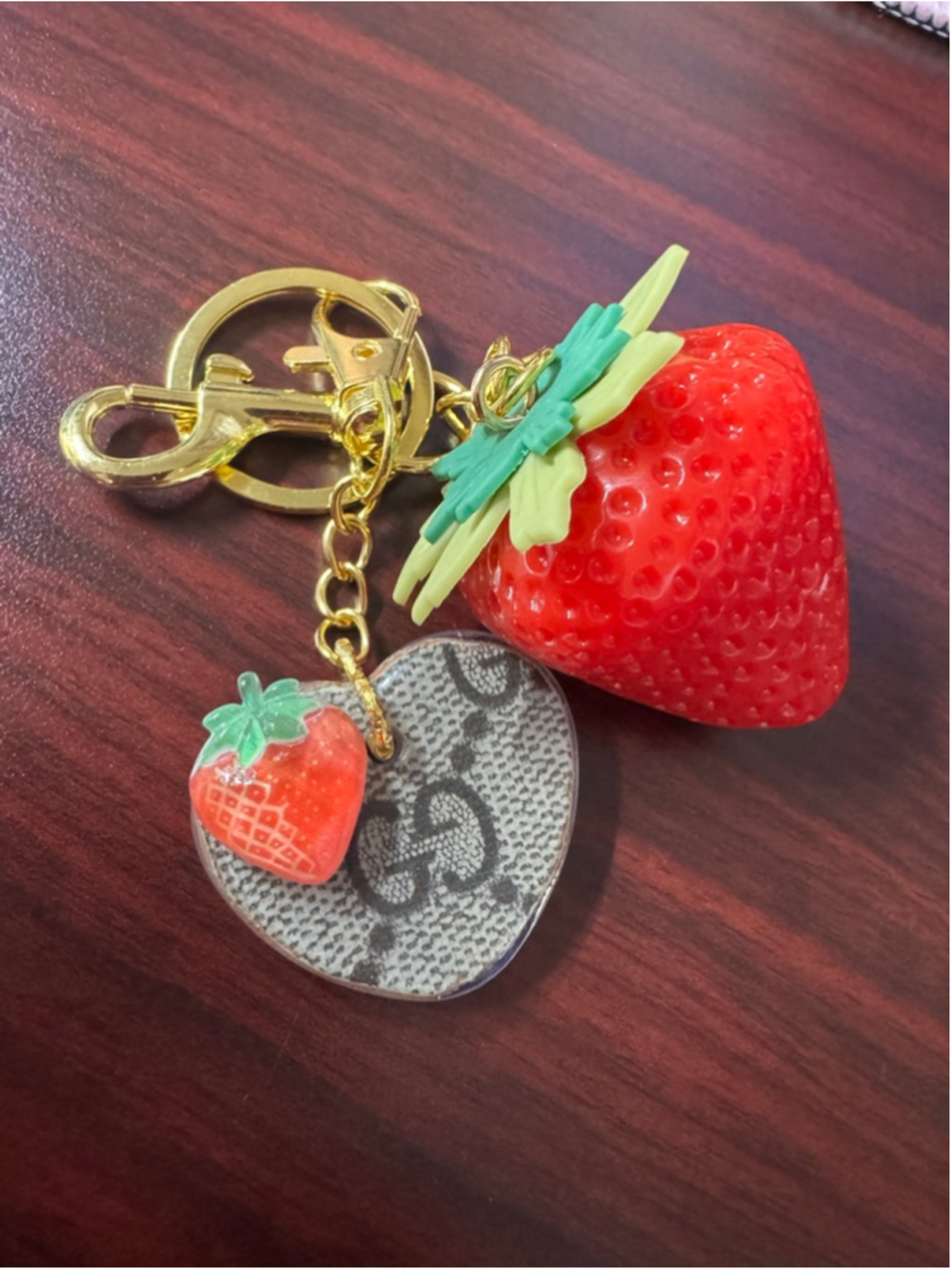 Handmade Strawberry Heart Keychain Using Authentic Designer Canvas | Resin Charm - Picture 2 of 4